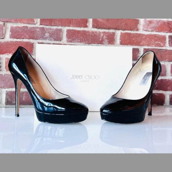 Jimmy Choo: Black Cosmic Patent Leather Pump Platforms - Picture 2 of 7